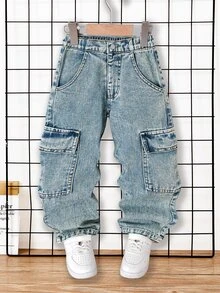 Genkimix Kids 小男孩休閒對比縫線寬鬆直筒工裝牛仔褲，校園學院風，秋冬款，嬰兒藍 - 淺色水洗藍 - 查看 7