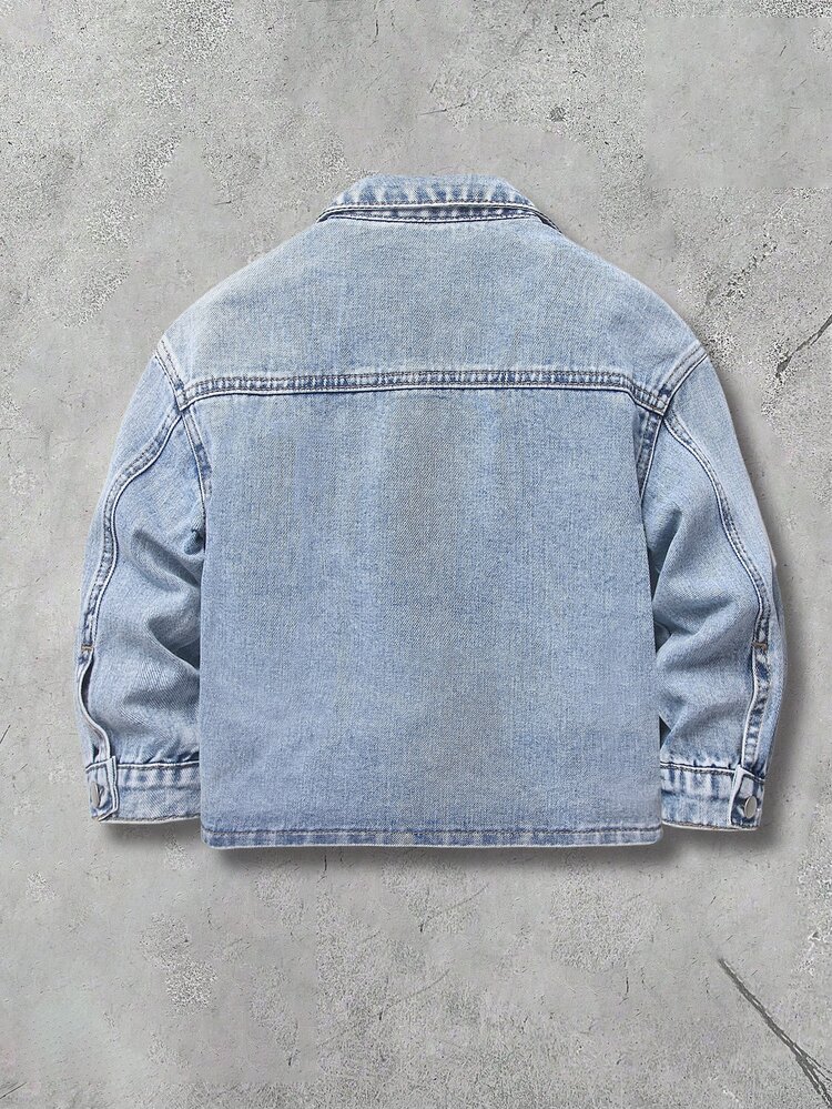 Kids Young Boy Halloween Y2k Distressed Retro Washed Flame Print Blue Denim Long Sleeve Jacket, For Fall/Winter Streetwear - Blue - View 2