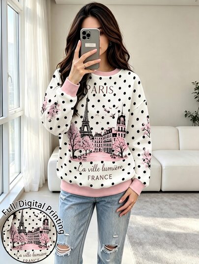 Modelyn French Style Beige Polka Dot Eiffel Tower Landscape Print Women's Sweatshirt, Autumn/Winter Fashion Round Neck Long Sleeve Contrast Color Top, Suitable For Daily Casual And Streetwear Pullover Sweatshirt