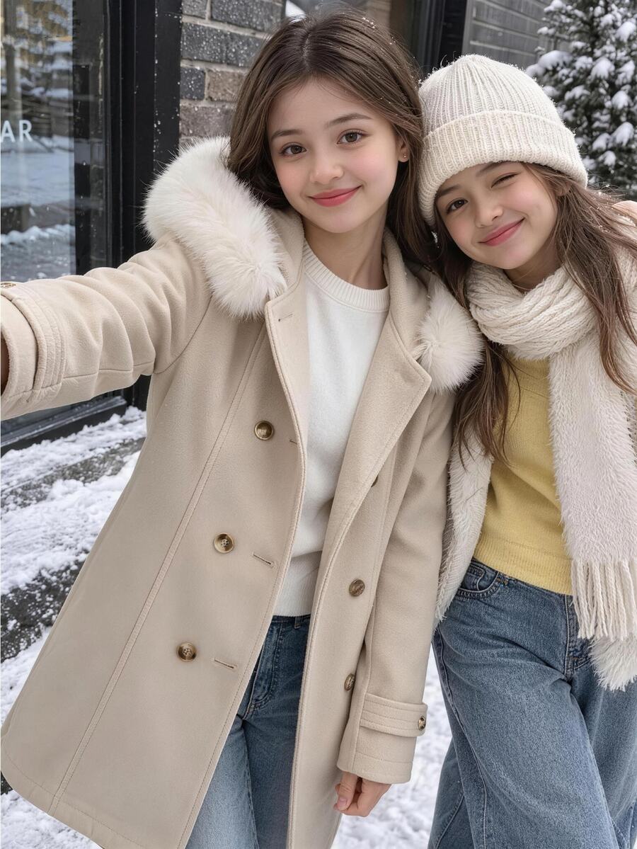 少女純色雙排扣連帽毛領外套,附口袋,時尚多功能米色秋季休閒優雅,卡其色長袖羊毛聖誕套裝,萬聖節聖誕裝扮,時尚優雅雙排扣夾克,保暖,戶外,街頭風,校園,甜美女孩 - 杏色 - 查看 1