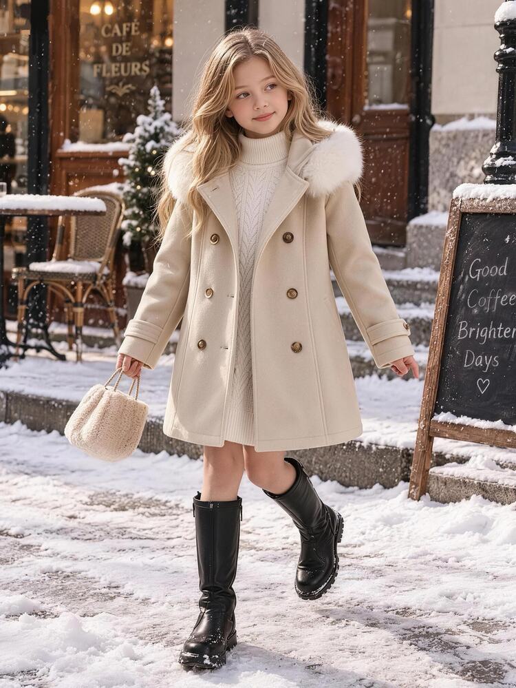 Tween Girls Solid Color Double-Breasted Hooded Fur Collar Coat With Pockets, Fashionable Multi-Functional Beige Autumn Casual Elegant, Khaki Long Sleeve Woolen Christmas Outfit, Halloween Christmas Costume, Fashionable Elegant Double-Breasted Jacket, Keep Warm, Outdoor, Street Style, Campus, Sweet Girl - Apricot - View 3