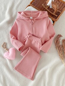 SHEIN 2件組少女粉色秋冬棉針織套裝，簡約長袖連帽外套搭配鬆緊腰針織長褲，華夫格紋布料，柔軟舒適，寬鬆百搭，適合日常穿著、外出、玩耍、休閒、萬聖節與聖誕節場合 - 粉色 - 查看 3