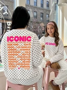 SHEIN 青少年女孩復古街頭風黑白波點印花圓領落肩抓絨衛衣，休閒復古街頭風長袖上衣 - 彩色 - 查看 1