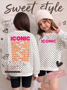 SHEIN 青少年女孩復古街頭風黑白波點印花圓領落肩抓絨衛衣，休閒復古街頭風長袖上衣 - 彩色 - 查看 2