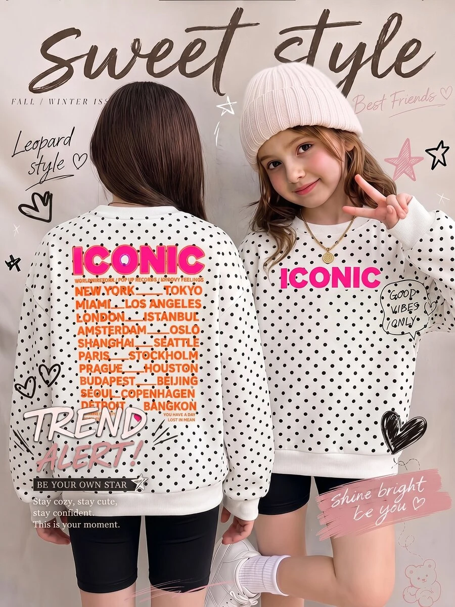 SHEIN Reset Phase 青少年女孩復古街頭風黑白波點印花圓領落肩抓絨衛衣,休閒復古街頭風長袖上衣 - 彩色 - 查看 1