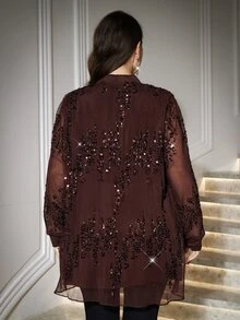 Reflora 大尺碼女款純色亮片長袖前開襟優雅外套 - 棕色 - 查看 7