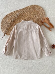 SHEIN 男童純棉立領長袖襯衫，3-7歲休閒單排扣口袋梭織上衣，寬鬆舒適，柔軟面料，柔杏色，簡約百搭日常風格 - 杏色 - 查看 4