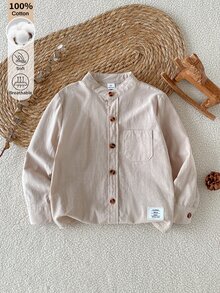 SHEIN 男童純棉立領長袖襯衫，3-7歲休閒單排扣口袋梭織上衣，寬鬆舒適，柔軟面料，柔杏色，簡約百搭日常風格 - 杏色 - 查看 3