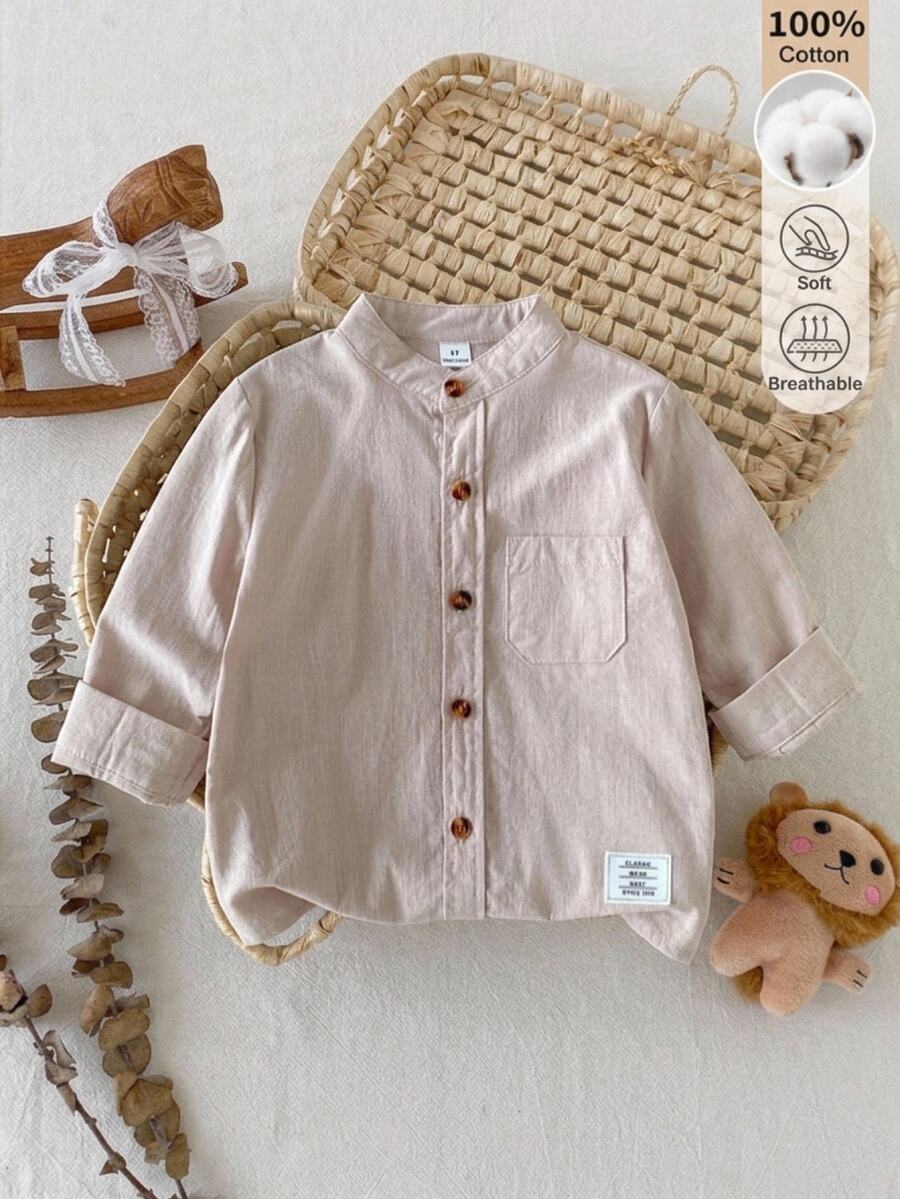 SHEIN 男童純棉立領長袖襯衫，3-7歲休閒單排扣口袋梭織上衣，寬鬆舒適，柔軟面料，柔杏色，簡約百搭日常風格