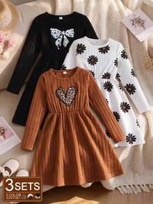 SHEIN Tween Girls Dress, Brown, Slim Fit, Cute Casual, Floral, Ruffle, Party School, Print, Collar, Autumn, Black And White White - Multicolor - View 2