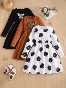 SHEIN Tween Girls Dress, Brown, Slim Fit, Cute Casual, Floral, Ruffle, Party School, Print, Collar, Autumn, Black And White White - Multicolor - View 4