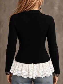 SHEIN كارديجان نسائي محبوك بلون موحد بقصة ضيقة مع تطريز دانتيل أنيق، كنزة صوفية مفتوحة من الأمام، إطلالة بأسلوب الشارع للخريف/الشتاء - الأسود - مشاهدة 2
