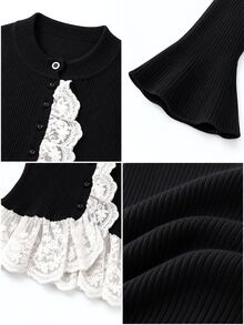 SHEIN كارديجان نسائي محبوك بلون موحد بقصة ضيقة مع تطريز دانتيل أنيق، كنزة صوفية مفتوحة من الأمام، إطلالة بأسلوب الشارع للخريف/الشتاء - الأسود - مشاهدة 5
