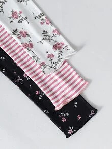 SHEIN 青少年女孩秋季上衣 3 件組，針織高彈力套裝，粉色條紋配黑白花卉，開學、度假適用，寬鬆可愛校園風，適合六年級學生 - 彩色 - 查看 5