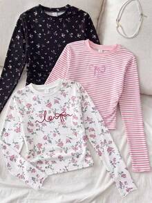 SHEIN 青少年女孩秋季上衣 3 件組，針織高彈力套裝，粉色條紋配黑白花卉，開學、度假適用，寬鬆可愛校園風，適合六年級學生 - 彩色 - 查看 7