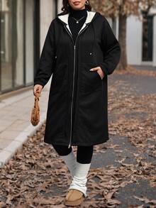 Reflora Jaket Wanita Ukuran Besar Warna Polos Berlapisan Termal Kasual Longgar Serbaguna untuk Musim Dingin, Cocok untuk Liburan dan Jalan-jalan, Warna Hitam - Hitam - View 7