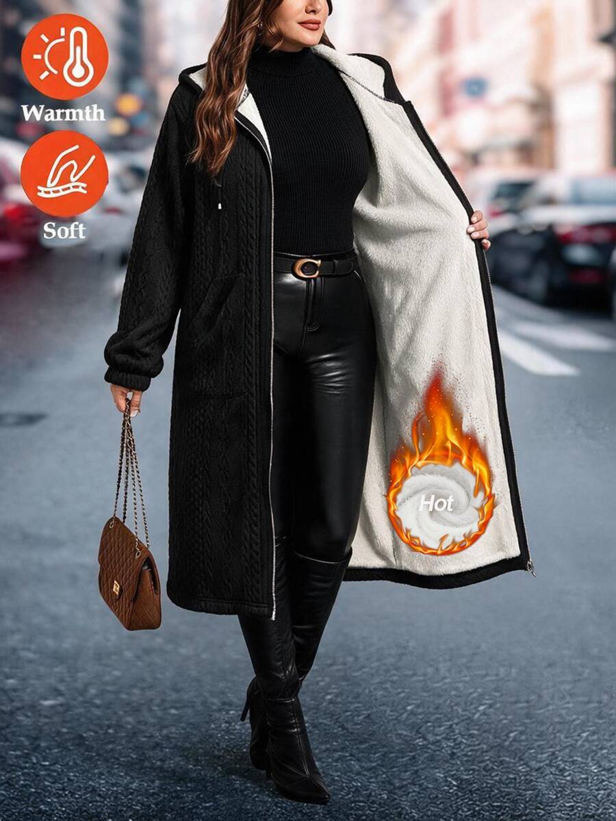 Reflora Plus Size Women Solid Color Thermal Lined Casual Baggy Versatile Winter Hooded Jacket Holiday Going Out Black - Black - View 1