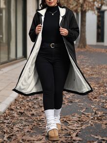 Reflora Jaket Wanita Ukuran Besar Warna Polos Berlapisan Termal Kasual Longgar Serbaguna untuk Musim Dingin, Cocok untuk Liburan dan Jalan-jalan, Warna Hitam - Hitam - View 3