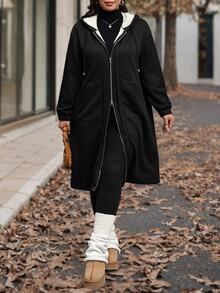 Reflora Jaket Wanita Ukuran Besar Warna Polos Berlapisan Termal Kasual Longgar Serbaguna untuk Musim Dingin, Cocok untuk Liburan dan Jalan-jalan, Warna Hitam - Hitam - View 6