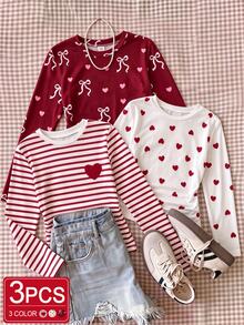 SHEIN Tween Girls T-Shirts, 3pcs, Casual Fit, Daily Wear, Fashionable Versatile, Round Neck, Printed, Cute, Comfortable, Pattern, Letter, Autumn, Loose - Multicolor - View 1