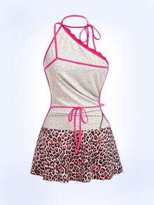 Y2Kool Maria Clara Maia Multi-Color, Pink Leopard Print, Animal Print, Color Block, Lace Patchwork, Sexy, Y2K Style Women's Halter Mini Dress, Suitable For Summer, Vacation, Gathering, Party, Daily Wear Casual - Multicolor - View 2