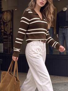 Cévolie European Style Brown Ribbed Polo Knit Sweater, Vintage V-Neck Long Sleeve Ribbed Collar Top, Early Autumn Commute Maillard Color Block Base Layer For Women - Multicolor - View 6