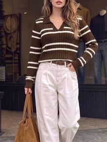 Cévolie European Style Brown Ribbed Polo Knit Sweater, Vintage V-Neck Long Sleeve Ribbed Collar Top, Early Autumn Commute Maillard Color Block Base Layer For Women - Multicolor - View 5
