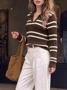 Cévolie European Style Brown Ribbed Polo Knit Sweater, Vintage V-Neck Long Sleeve Ribbed Collar Top, Early Autumn Commute Maillard Color Block Base Layer For Women - Multicolor - View 7