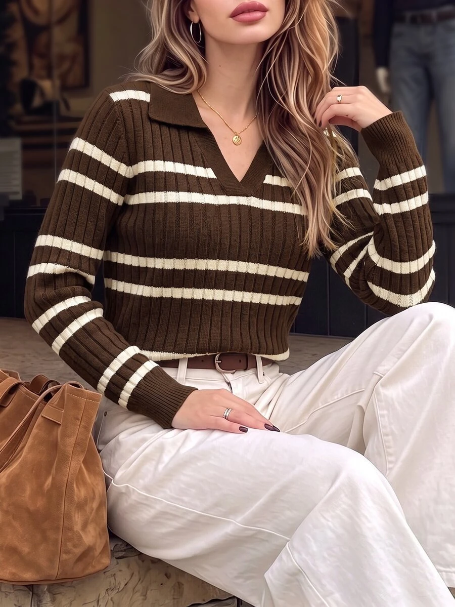 Cévolie European Style Brown Ribbed Polo Knit Sweater, Vintage V-Neck Long Sleeve Ribbed Collar Top, Early Autumn Commute Maillard Color Block Base Layer For Women - Multicolor - View 1