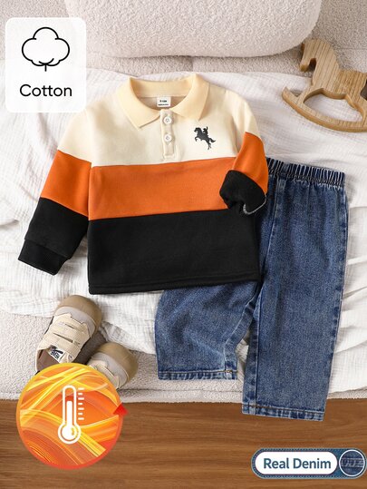 SHEIN Playful Pals 2pcs Baby Boy Polo Sweatshirt + Jeans Preppy Orange Colorblock Horse Embroidery Fleece Lined Long Sleeve Polo Neck Holiday Winter Fall