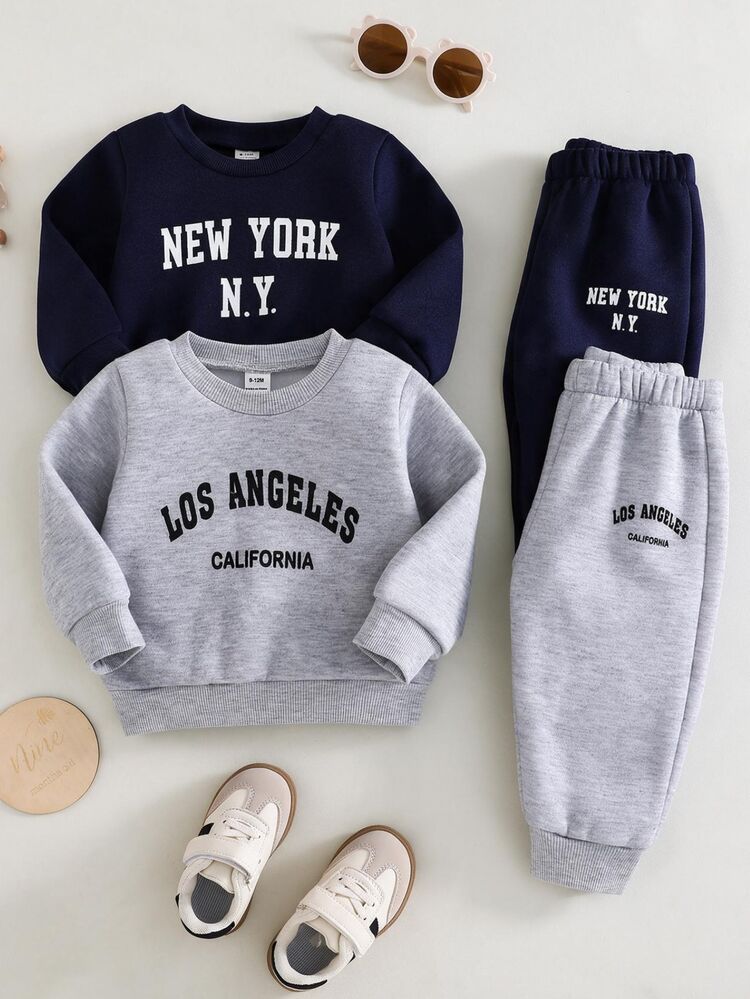 SHEIN 4 Pack Baby Boy Sweatshirt Jogger Set Preppy Navy Grey Letter Print Long Sleeve Round Neck Thick Birthday Party Fall Winter Holiday Christmas Sporty - Multicolor - View 9