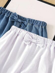 SHEIN 青少年女孩寬鬆腰部蝴蝶結裝飾寬腿軟垂感休閒牛仔褲 秋冬款 - 彩色 - 查看 4