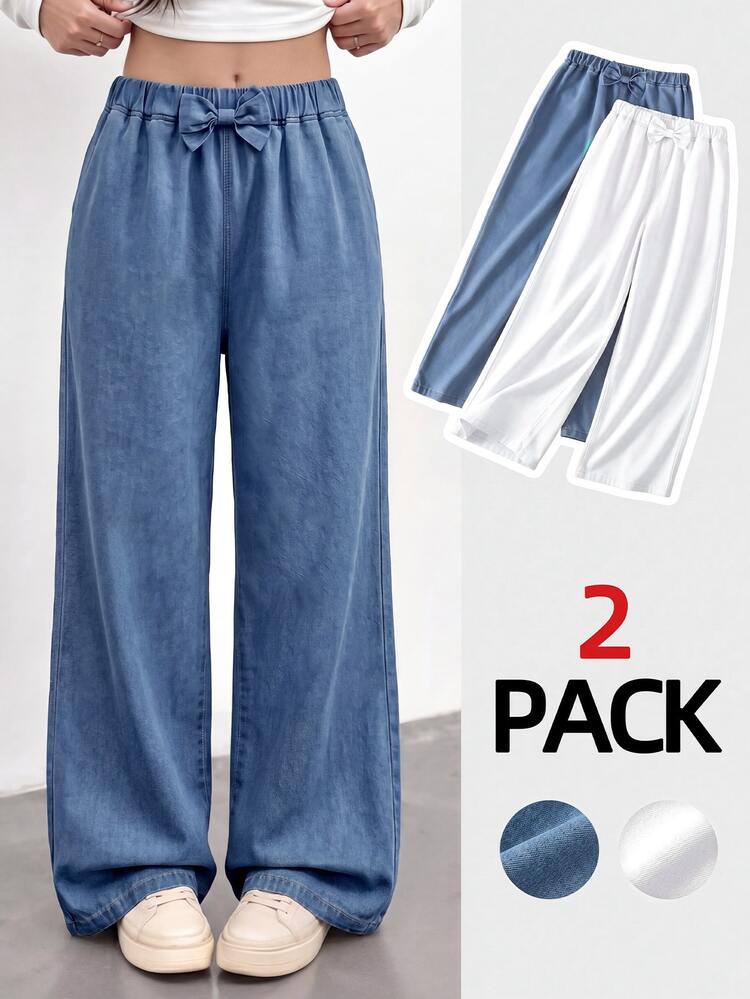 SHEIN Tween Girl Loose Waist Bow Decor Wide Leg Soft Drape Casual Denim Jeans Autumn Winter - Multicolor - View 3