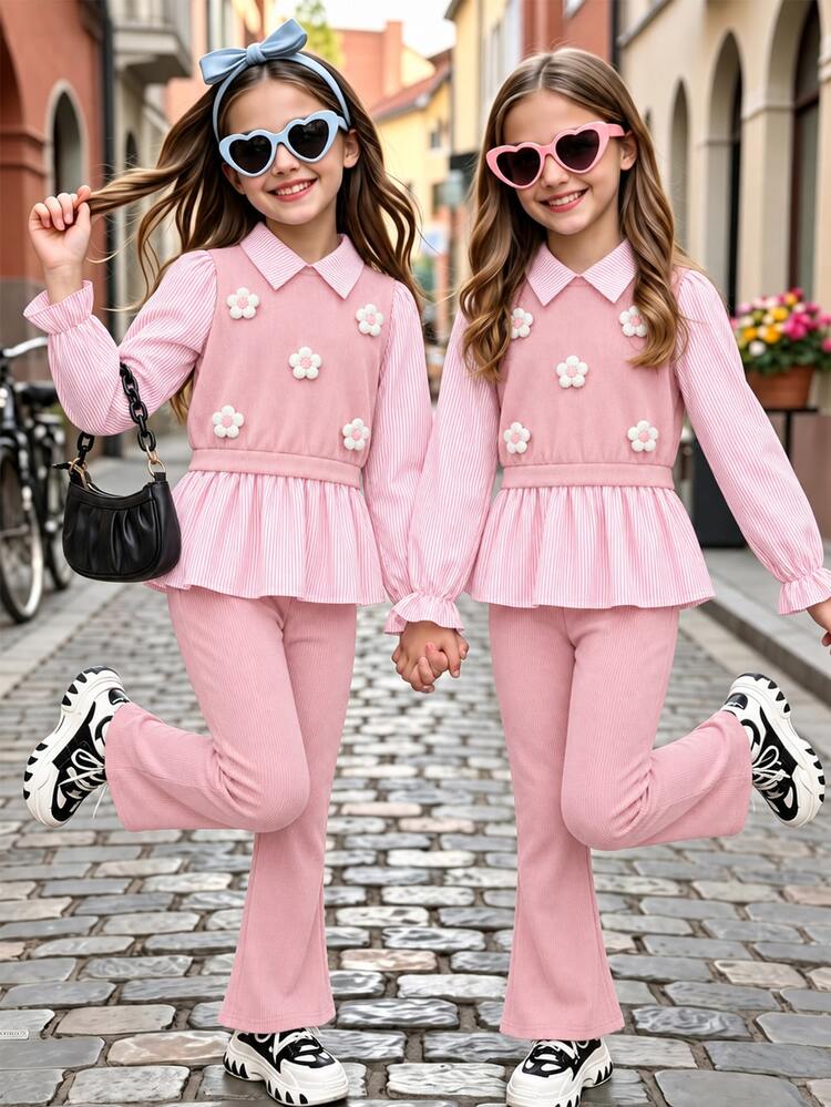 SHEIN Genkimix Kids Girls Big Kids Spring/Autumn Casual Shirt Set, Royal Blue Fabric Patchwork Striped 3D Yarn Flower Decor Faux Two Pieces Design, Blue Flared Long Pants, 2 Pieces Outfit Suitable For Back To School Season, Casual Fashion Sweet Cute Comfortable Outing Travel Vacation Wear - Pink - View 3