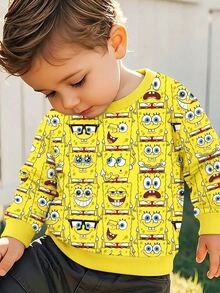 SpongeBob SquarePants | SHEIN GraphicGems 男嬰印花圓領衛衣，長袖休閒套頭上衣，春夏秋冬日常兒童穿搭，可愛卡通滿版印花黃色 S - 黃色 - 查看 5