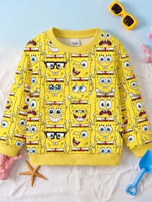 SpongeBob SquarePants | SHEIN GraphicGems 男嬰印花圓領衛衣，長袖休閒套頭上衣，春夏秋冬日常兒童穿搭，可愛卡通滿版印花黃色 S - 黃色 - 查看 4