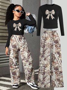 SHEIN ChillGRL 2pcs Set: Camouflage Pants And Bow Print Long Sleeve Top, Girls Streetwear Pocketed Multicolor Polyester Outfit, Suitable For Autumn/Winter - Multicolor - View 3