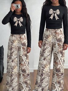 SHEIN ChillGRL 2pcs Set: Camouflage Pants And Bow Print Long Sleeve Top, Girls Streetwear Pocketed Multicolor Polyester Outfit, Suitable For Autumn/Winter - Multicolor - View 4