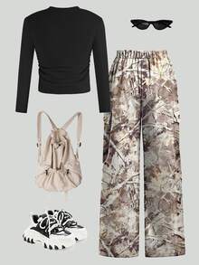 SHEIN ChillGRL 2pcs Set: Camouflage Pants And Bow Print Long Sleeve Top, Girls Streetwear Pocketed Multicolor Polyester Outfit, Suitable For Autumn/Winter - Multicolor - View 5