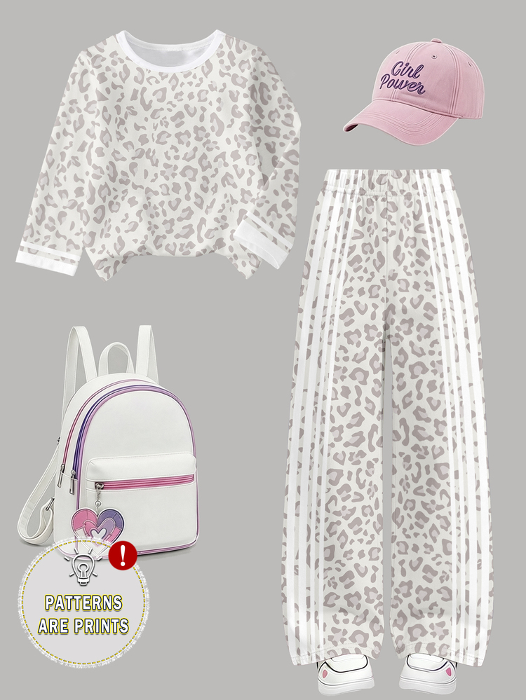 Young Girls Fall Leopard Print Striped Long Sleeve T-Shirt & Wide Leg Pants Set, Casual Autumn Outfit - Multicolor - View 5