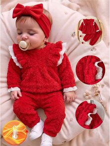 Genkimix Kids 3件組女嬰幼兒上衣+長褲套裝，可愛甜美紅白色蕾絲飾邊荷葉邊蝴蝶結長袖圓領加厚毛絨款，適合冬季秋季節日穿著 - 酒紅色 - 查看 1