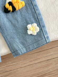 SHEIN 2件組幼兒女嬰開襟衫牛仔褲套裝，可愛甜美黃藍配色 3D 蜜蜂貼布，長袖圓領，休閒款，適合生日派對、秋季假期穿著 - 黃色 - 查看 4