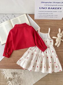 SHEIN Playful Pals 2件組女嬰外套洋裝，甜美紅白櫻桃印花，荷葉邊分層設計，長袖翻領，常規款，適合生日派對、秋季假期，附鈕扣 - 紅色 - 查看 2