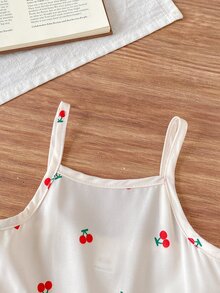SHEIN Playful Pals 2件組女嬰外套洋裝，甜美紅白櫻桃印花，荷葉邊分層設計，長袖翻領，常規款，適合生日派對、秋季假期，附鈕扣 - 紅色 - 查看 4