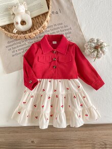 SHEIN Playful Pals 2件組女嬰外套洋裝，甜美紅白櫻桃印花，荷葉邊分層設計，長袖翻領，常規款，適合生日派對、秋季假期，附鈕扣 - 紅色 - 查看 3