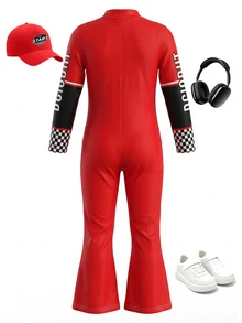 Elladie kids Girls' Racing Print Fitted Flare Leg Jumpsuit - Red - View 2