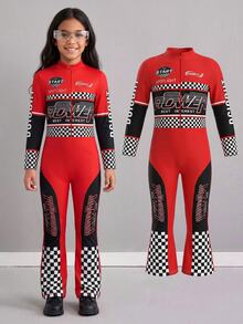 Elladie kids Girls' Racing Print Fitted Flare Leg Jumpsuit - Red - View 1