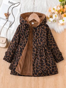 SHEIN Elladie kids 女童豹紋連帽夾克，抓絨內裡，雙排扣長袖休閒外套，秋冬款 - 棕色 - 查看 10