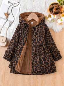 SHEIN Elladie kids 女童豹紋連帽夾克，抓絨內裡，雙排扣長袖休閒外套，秋冬款 - 棕色 - 查看 9