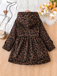SHEIN Elladie kids 女童豹紋連帽夾克，抓絨內裡，雙排扣長袖休閒外套，秋冬款 - 棕色 - 查看 2